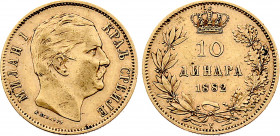 Serbia - Milan I (1882-1889), 10 Dinara 1882 V (Vienna mint) (Gold, 3.21 gr, 19 mm) KM 16. Very Fine.