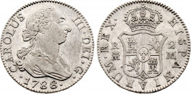 Spain - Carlos III (1759-1788), 2 Reales 1788 M (Madrid mint) (Silver, 6.01 gr, 26 mm) KM 412.1. About Uncirculated.