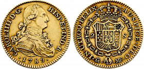 Spain - Carlos IV (1788-1808), 2 Escudos 1789 MMF (Madrid mint) (Gold, 6.74 gr, 22 mm) KM 435.1. Very Fine.