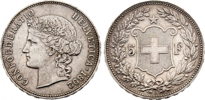 Switzerland - 5 Francs 1892 B (Bern mint) (Silver, 25.00 gr, 37 mm) KM 34. Very ...