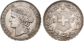 Switzerland - 5 Francs 1892 B (Bern mint) (Silver, 25.00 gr, 37 mm) KM 34. Very Fine.