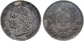 Switzerland - 5 Francs 1908 B (Bern mint) (Silver, 25.00 gr, 37 mm) KM 34. Very Fine.