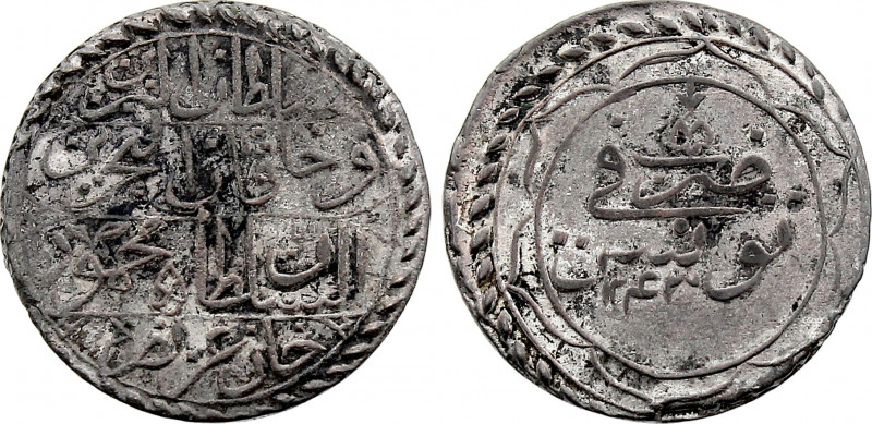 Tunisia - Mahmud II (1808-1839), 8 Kharub AH 1243 (Billon, 5.39 gr, 26 mm) KM 89...