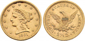 United States of America - 2 1/2 Dollars Coronet Head - Quarter Eagle 1861 (Philadelphia mint) (Gold, 4.18 gr, 18 mm) KM 72. Extremely Fine.