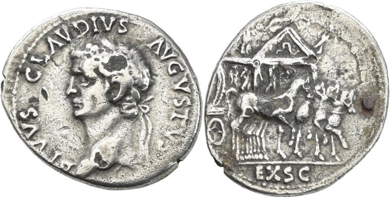 Claudius (41 - 54): AR-Denar, Kopf mit Lorbeerkranz / Quadriga. 2,7 g, Cohen 32,...