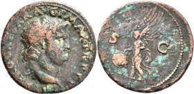 Nero (54 - 68): Æ-As, 10,6 g, Cohen 302, Sear 590, mit altem handschriftlichem Beschreibungszettel, etwas grüner Belag, sehr schön.
 [differenzbesteu...
