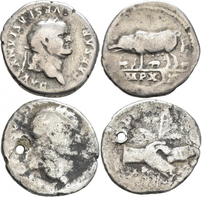 Vespasian (69 - 79): Lot 2 Stück, AR-Denar, Sau mit drei Ferkeln, 3,04 g, Kampma...