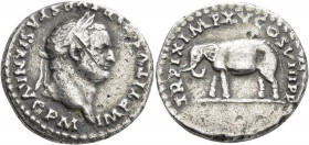 Titus (69 - 79 - 81): AR-Denar, ELEFANT, 3,06 g, Kampmann 22.74.4, Cohen 303, mit altem handgeschriebenem Beschreibungszettel, Kratzer auf Avers, sons...
