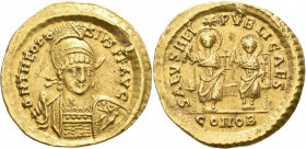 Theodosius II. (402 - 450): Solidus (Gold), Constantinopel, Offizin S. Behelmte gepanzerte Büste, D N THEODO SIVS P F AVG / Zwei Kaiser thronen, jeder...