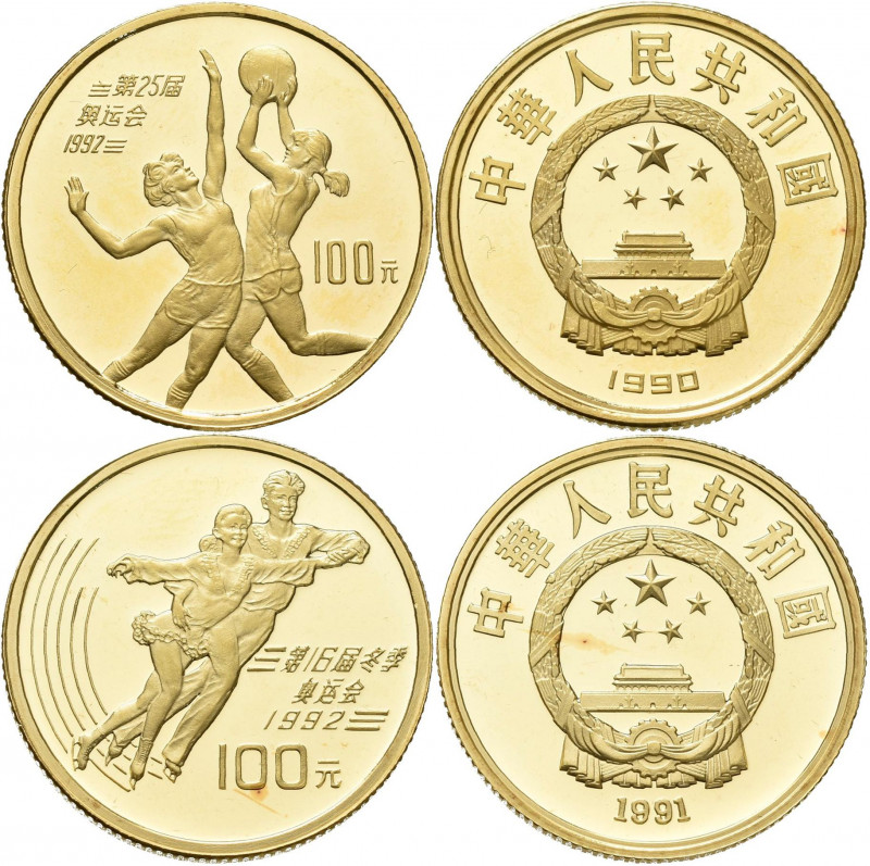 China - Volksrepublik: Olympische Spiele auf Münzen, dabei: 100 Yuan 1990 Barcel...