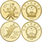 China - Volksrepublik: Olympische Spiele auf Münzen, dabei: 100 Yuan 1990 Barcelona 1992, Basketball (KM# 304) sowie 100 Yuan 1991 Albertville 1992, E...