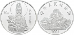 China - Volksrepublik: 10 Yuan 1994 Guanyin - goddes of mercy - mit neugeborenem Kind. KM# 663. 1 OZ 999/1000 Silber. In original Kapsel, in Folie ein...