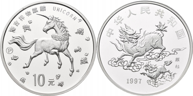 China - Volksrepublik: 10 Yuan 1997 Einhorn - Unicorn mit P für polierte Platte....