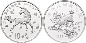 China - Volksrepublik: 10 Yuan 1997 Einhorn - Unicorn mit P für polierte Platte. Auflage nur 8.000 Stück. KM# 1031. 1 OZ 999/1000 Silber. In original ...