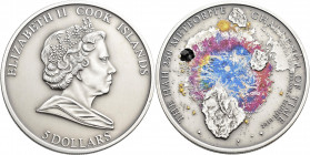 Cook Inseln: 5 Dollars 2010 HAH 280 Meteorite, Challenge of Time. 25 g, 925/1000 Silber, Antique-Finish, teilcoloriert, mit echtem Meteorit Stück. KM#...