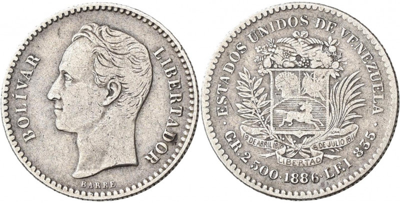 Venezuela: 50 Centimos / 2.500 gramos / ½ Bolivar 1886 A. KM# Y21. Variante zwei...