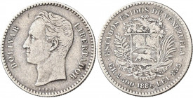 Venezuela: 50 Centimos / 2.500 gramos / ½ Bolivar 1886 A. KM# Y21. Variante zweite 8 Hochstehend. Selten, gutes sehr schön.
 [differenzbesteuert]