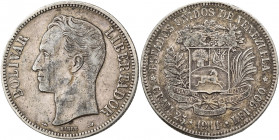 Venezuela: 5 Bolivares / Gram.25 1911. KM# Y24. Variante Narrow Date. Randfehler, Kratzer, Patina. Sehr schön
 [differenzbesteuert]