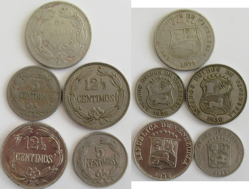 Venezuela: Kleines Lot 5 Münzen, dabei 2½ Centavos 1877 (selten), 5 und 12½ Cent...