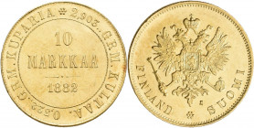 Finnland: Unter russischen Herrschaft, Alexander III. 1881-1894: 10 Markkaa 1882 S, Helsinki. KM# 8.2, Friedberg 5, Bitkin 229. 3,24 g, 900/1000 Gold....