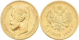 Russland: Nikolaus II. 1894-1917: 5 Rubel 1898 (АГ). KM Y# 62, Friedberg 180. 4,29 g 900/1000 Gold. Kratzer, Rotfleck, sehr schön.
 [zzgl. 0 % MwSt.]...