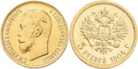 Russland: Nikolaus II. 1894-1917: 5 Rubel 1904 (АP). KM Y# 62, Friedberg 180. 4,33 g 900/1000 Gold. Kratzer, fast vorzüglich.
 [zzgl. 0 % MwSt.]