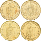 Ungarn: Franz Joseph I. 1848-1916: 10 Kronen / Korona 1904 + 1907 + 1911. KM# 485, Friedberg 252, Frühwald 2100. Je 3,38 g, 900/1000 Gold. Kratzer, se...