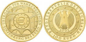 Deutschland: 100 Euro 2002 Währungsunion (F), in Originalkapsel und Etui, mit Zertifikat (beschädigt), Jaeger 493. 15,55 g, (½ OZ) 999/1000 Gold. Rotf...