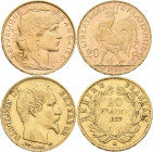 Frankreich: Vom zweiten Kaiserreich bis in die moderne Republik. Lot 11 x 20 FRF Goldmünzen aus Frankreich, dabei die Jahrgänge: 1854 A, 1855 BB, 1857...