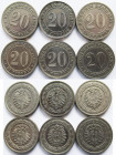 Umlaufmünzen 1 Pf. - 1 Mark: 20 Pfennig 1887 A + E, sowie 1888 A, E, G und J. Jaeger 6, seltenere Münze, nur 2 Jahre geprägt, sehr schön oder besser, ...