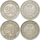 Umlaufmünzen 1 Pf. - 1 Mark: 20 Pfennig 1890 D + 1892 A. Jaeger 14, seltenere Münze, nur 2 Jahre geprägt, sehr schön - vorzüglich, Lot 2 Stück.
 [dif...