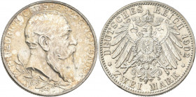Baden: Friedrich I. 1856-1907: 2 Mark 1902, 50-jähr. Regierungsjubiläum, Jaeger 30. Kleine Kratzer, sonst vorzüglich.
 [differenzbesteuert]