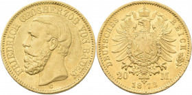 Baden: Friedrich I. 1852-1907: 20 Mark 1873 G, Jaeger 184. 7,98 g, 900/1000 Gold. Kratzer, winzige Randschäden, sehr schön+.
 [zzgl. 0 % MwSt.]