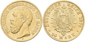 Baden: Friedrich I. 1856-1907: 10 Mark 1875 G, Jaeger 186. 3,96 g, 900/1000 Gold. Kratzer, sehr schön.
 [zzgl. 0 % MwSt.]