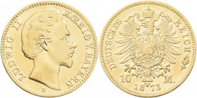 Bayern: Ludwig II. 1864-1886: 10 Mark 1873 D, Jaeger 193. 3,94 g, 900/1000 Gold. Gereinigt, sehr schön.
 [zzgl. 0 % MwSt.]