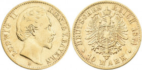 Bayern: Ludwig II. 1864-1886: 10 Mark 1874 D, Jaeger 196, 3,93 g, 900/1000 Gold. Kratzer, gereinigt, sehr schön.
 [zzgl. 0 % MwSt.]