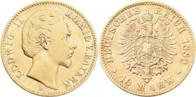Bayern: Ludwig II. 1864-1886: 10 Mark 1880 D, Jaeger 196, 3,95 g, 900/1000 Gold. Kratzer, gereinigt, sehr schön.
 [zzgl. 0 % MwSt.]