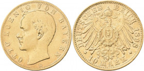 Bayern: Otto 1886-1913: 10 Mark 1898 D, Jaeger 199. 3,95 g, 900/1000 Gold. Kratzer, gereinigt, sehr schön.
 [zzgl. 0 % MwSt.]