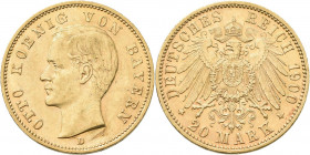 Bayern: Otto 1886-1913: 20 Mark 1900 D, Jaeger 200. 7,93 g, 900/1000 Gold. Kratzer, sehr schön - vorzüglich.
 [zzgl. 0 % MwSt.]