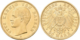 Bayern: Otto 1886-1913: 20 Mark 1905 D, Jaeger 200. 7,95 g, 900/1000 Gold. Kleine Kratzer, kleiner Randschlag, sehr schön - vorzüglich.
 [zzgl. 0 % M...