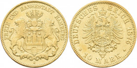 Hamburg: Freie und Hansestadt: 10 Mark 1875 J, Jaeger 209. 3,94 g, 900/1000 Gold. Kratzer, sehr schön.
 [zzgl. 0 % MwSt.]