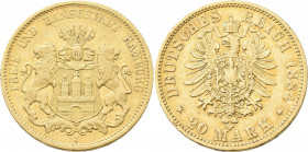 Hamburg: Freie und Hansestadt: 20 Mark 1884 J, Jaeger 210. 7,94 g, 900/1000 Gold. Kratzer, sehr schön.
 [zzgl. 0 % MwSt.]