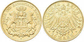 Hamburg: Freie und Hansestadt: 10 Mark 1896 J, Jaeger 211. 3,95 g, 900/1000 Gold. Kleine Kratzer, sehr schön - vorzüglich.
 [zzgl. 0 % MwSt.]