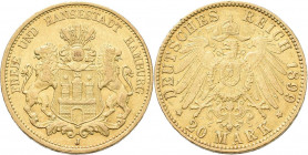 Hamburg: Freie und Hansestadt: 20 Mark 1899. Jaeger 212. 7,94 g, 900/1000 Gold. Kleine Kratzer, sonst vorzüglich.
 [zzgl. 0 % MwSt.]