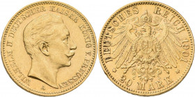 Preußen: Wilhelm II. 1888-1918: 20 Mark 1901 A, Jaeger 252. 7,90 g, 900/1000 Gold. Kleine Kratzer und Randschäden, sehr schön - vorzüglich.
 [zzgl. 0...