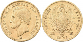 Sachsen: Johann 1854-1873: 20 Mark 1872 E, Jaeger 258. 7,92 g, 900/1000 Gold. Kratzer, sehr schön.
 [zzgl. 0 % MwSt.]