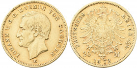 Sachsen: Johann 1854-1873: 20 Mark 1872 E, Jaeger 258. 7,95 g, 900/1000 Gold. Kratzer, sehr schön.
 [zzgl. 0 % MwSt.]