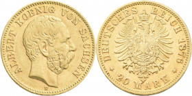 Sachsen: Albert 1873-1902: 20 Mark 1876 E, Jaeger 262. 7,96 g, 900/1000 Gold. Kratzer, fast vorzüglich.
 [zzgl. 0 % MwSt.]