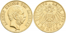 Sachsen: Albert 1873-1902: 20 Mark 1895 E, Jaeger 264. 7,96 g, 900/1000 Gold. Kratzer, sehr schön - vorzüglich.
 [zzgl. 0 % MwSt.]