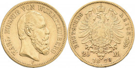 Württemberg: Karl 1864-1891: 20 Mark 1873 F, Jaeger 290. 7,92 g, 900/1000 Gold. Prüfspur, sehr schön+.
 [zzgl. 0 % MwSt.]